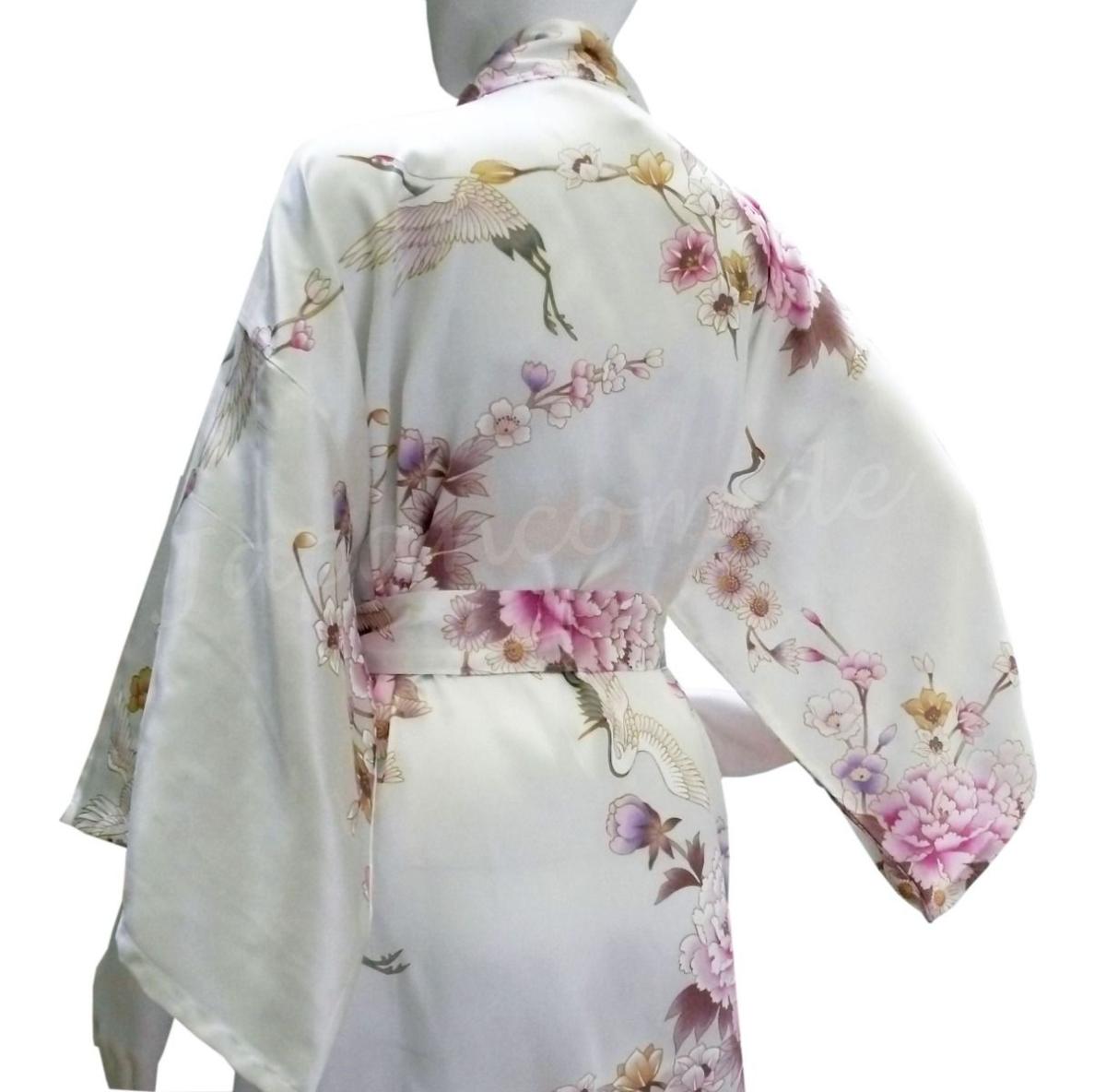 Kimono Royal Cranes weiss, kurz, Seide, Morgenmantel